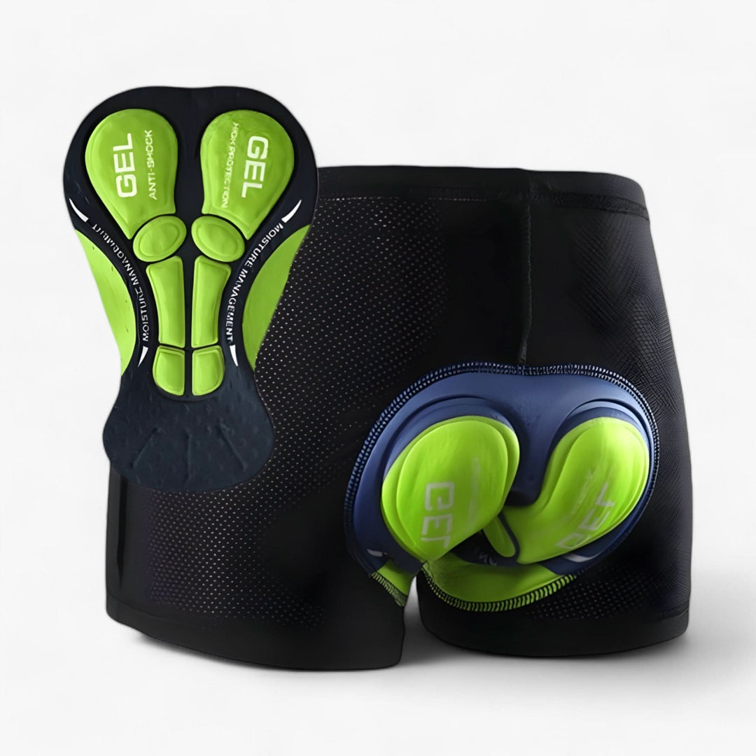 Close-up of men's padded motorcycle shorts, showcasing the protective cushioning for improved riding comfort.