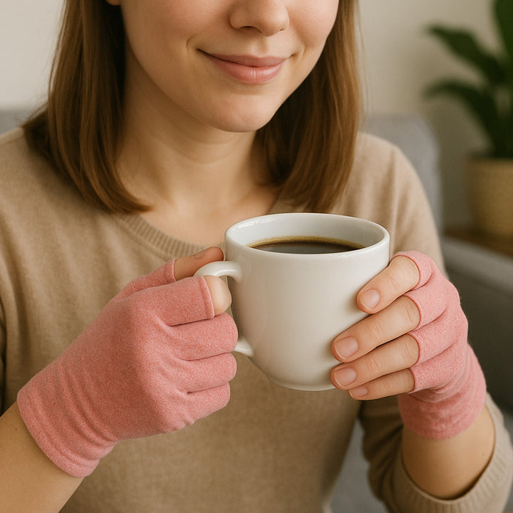 Pair of therapeutic compression gloves with gentle heat for pain relief, arthritis, carpal tunnel & joint care.