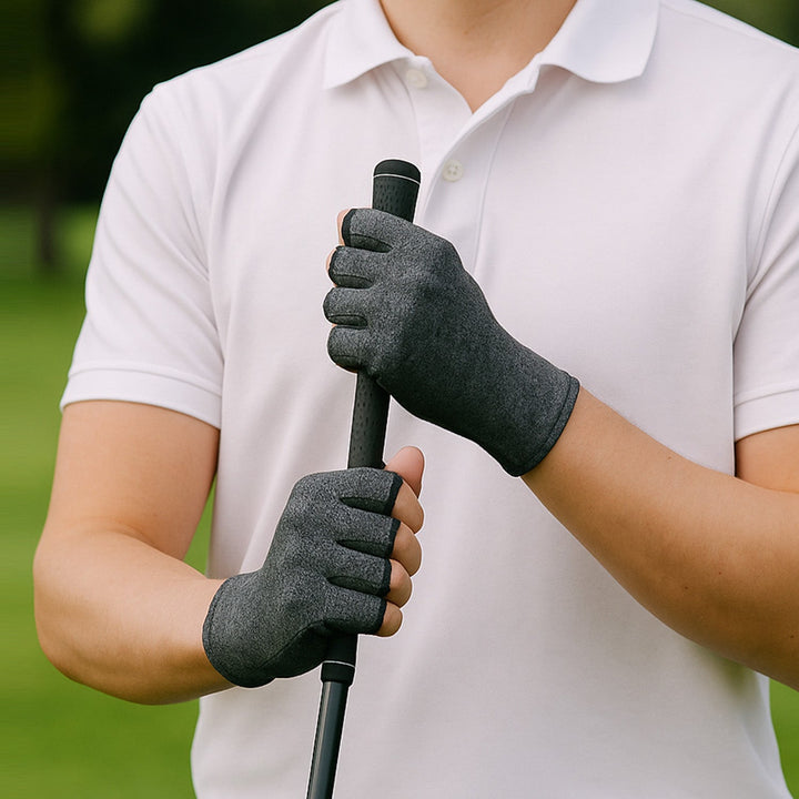 Close-up of unisex heat compression gloves, designed for pain relief, improved circulation & hand support.
