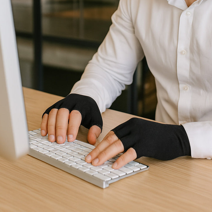 Heat compression gloves in black, unisex design for effective arthritis, carpal tunnel & general hand pain relief.