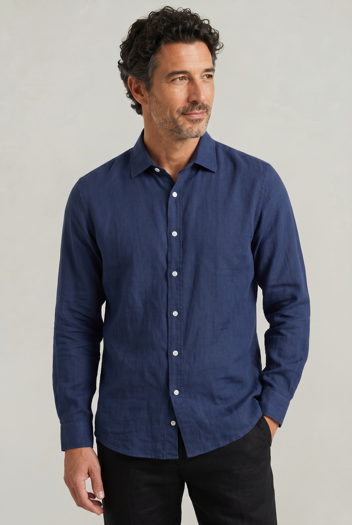 Effortless men's textured long sleeve shirt, combining comfort & style for warm weather casual looks.