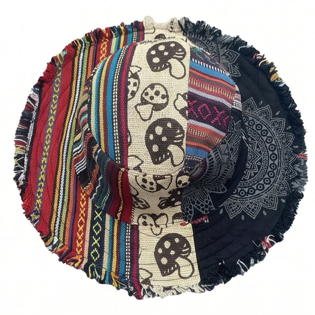 Unisex patchwork mushroom bucket hat with a hidden pocket. Ideal for festivals, sun protection & bohemian style.