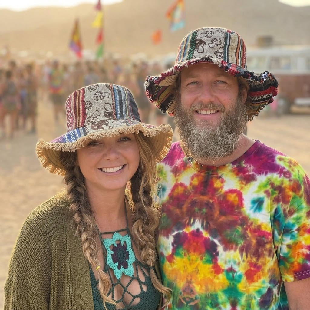 Versatile unisex mushroom patchwork bucket hat with sun protection & a hidden pocket. Perfect for any outdoor adventure.