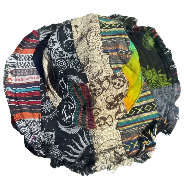 Bohemian style patchwork bucket hat featuring vibrant mushroom patterns & a discreet hidden pocket. Unisex & unique.