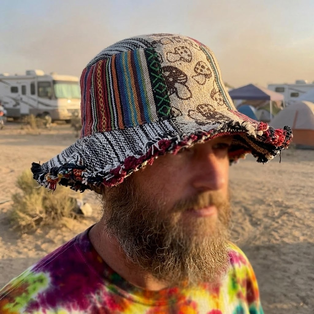 Festival-ready mushroom patchwork bucket hat for sun protection, with a secret pocket. Unisex, bohemian outdoor style.