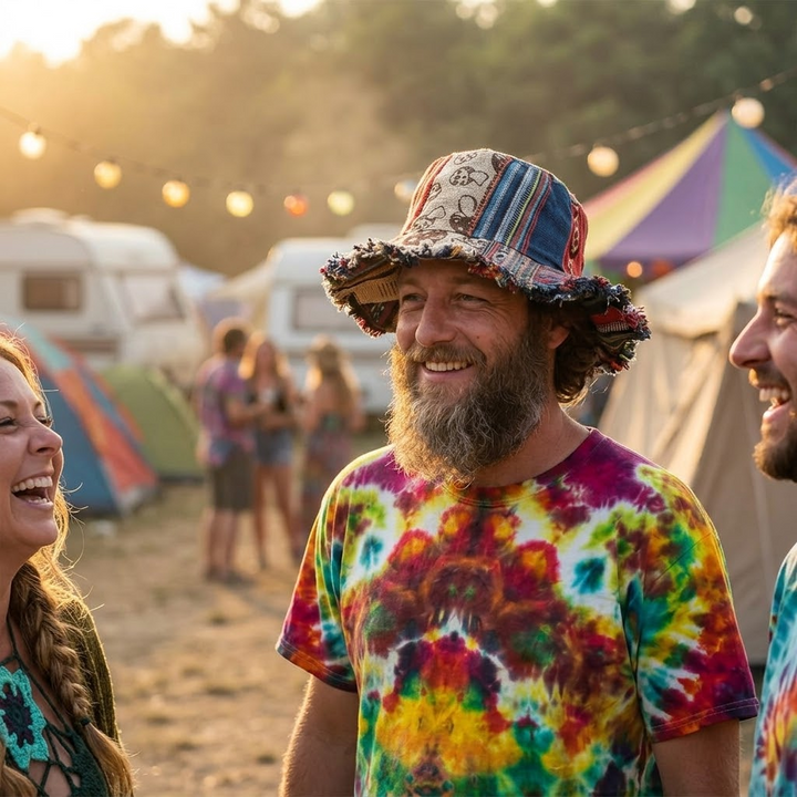 Trendy unisex mushroom patchwork bucket hat, offering sun protection & a convenient hidden pocket. Perfect festival wear.