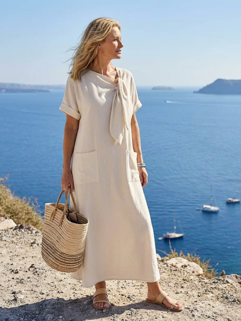 Elegant women's relaxed-fit maxi dress, tie-neck detail. Ideal casual summer day or beach dress, super comfortable.