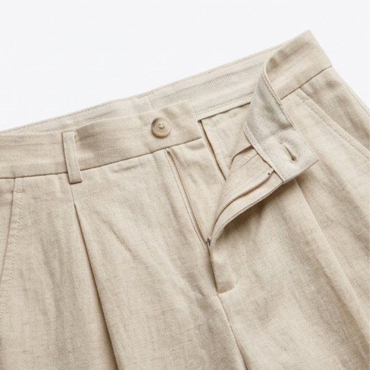Women's beige relaxed fit suit set styled with accessories. Versatile, modern, and chic business casual outfit.