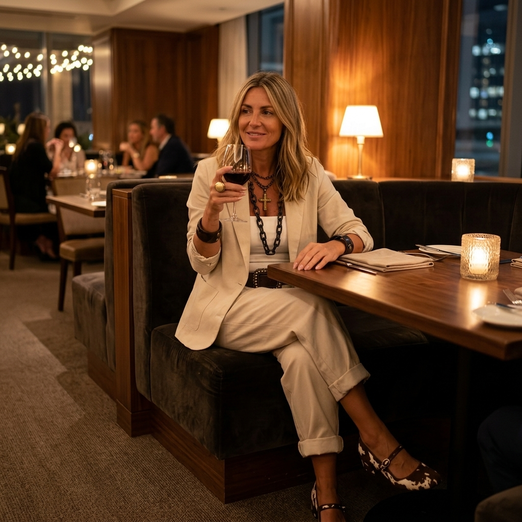 Beige women's relaxed blazer & trousers suit set laid flat, showcasing the two-piece modern fashion design.