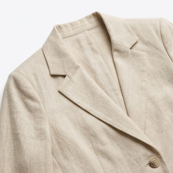 Detail of relaxed blazer lapel & buttons. Elegant women's suit set for professional or chic casual wear.