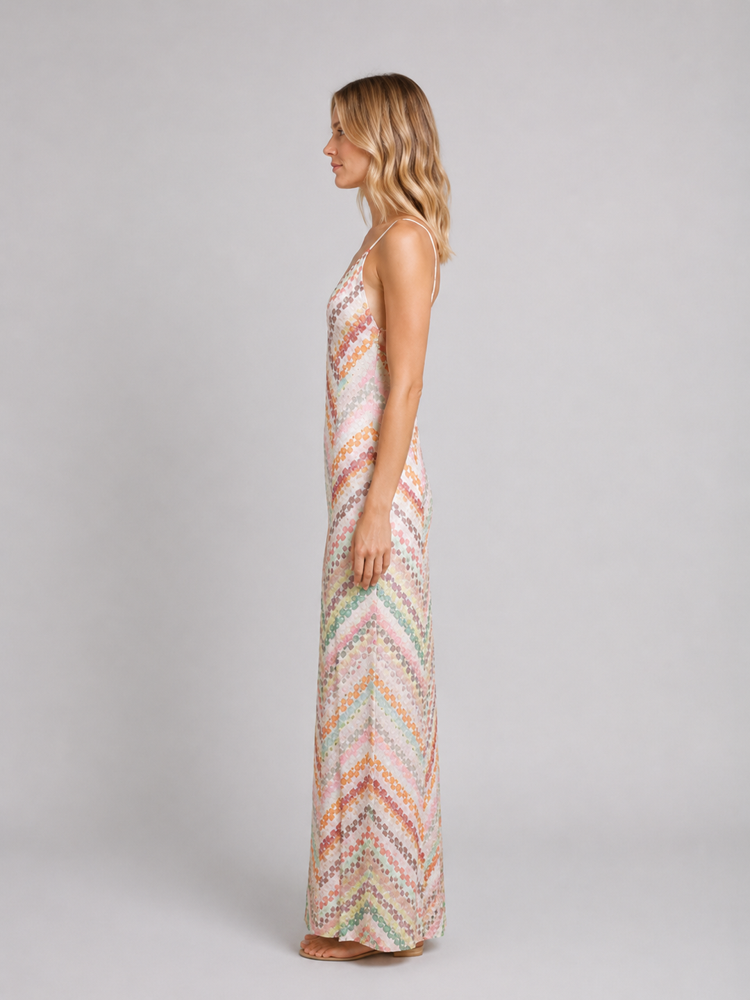 Flowing women's elegant chevron maxi dress. Sleeveless design, great for summer parties, beach, or resort wear.