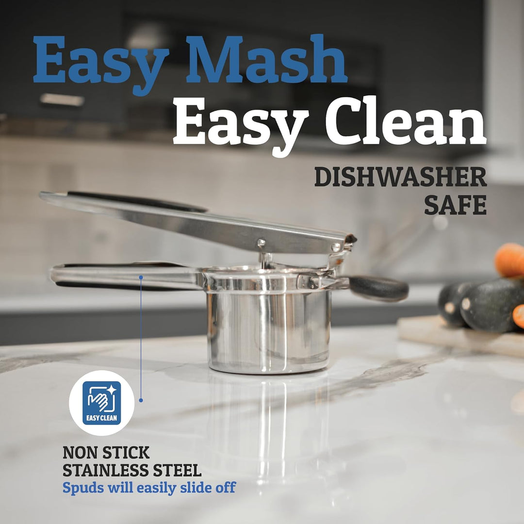 Premium stainless steel potato masher. Ergonomic handle for easy mashing of fruits, vegetables, and potatoes.