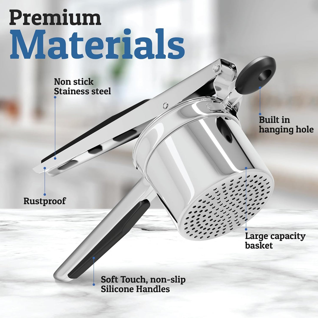 Superior heavy-duty stainless steel potato masher for consistent, lump-free results. Ideal kitchen tool for pureeing.
