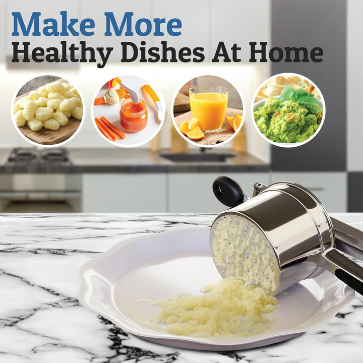 Essential kitchen tool: strong stainless steel potato masher for quick & easy food prep. Mashing vegetables & fruits.