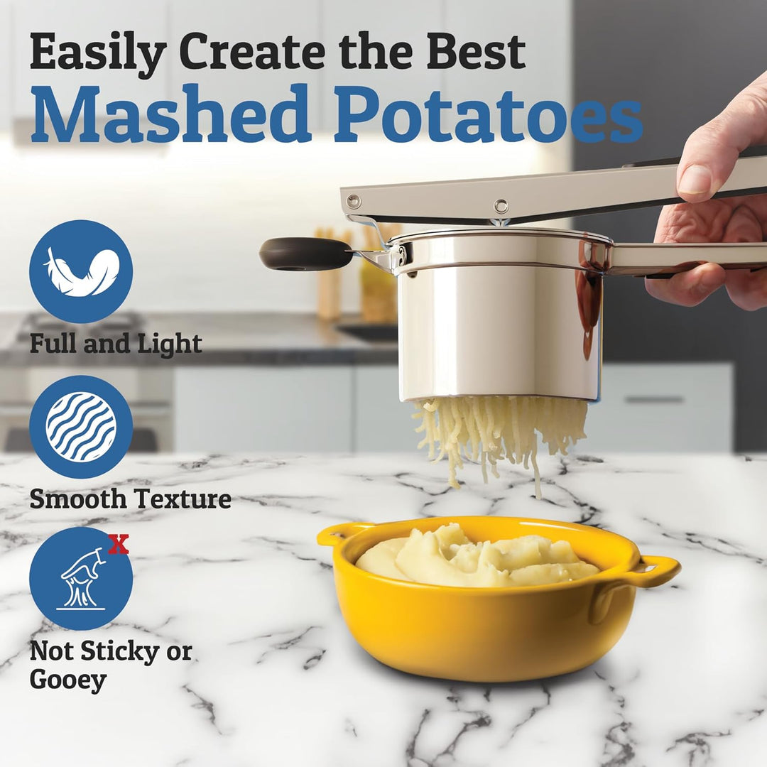 Professional-grade heavy-duty stainless steel potato masher for consistent, smooth purees. Durable cooking utensil.