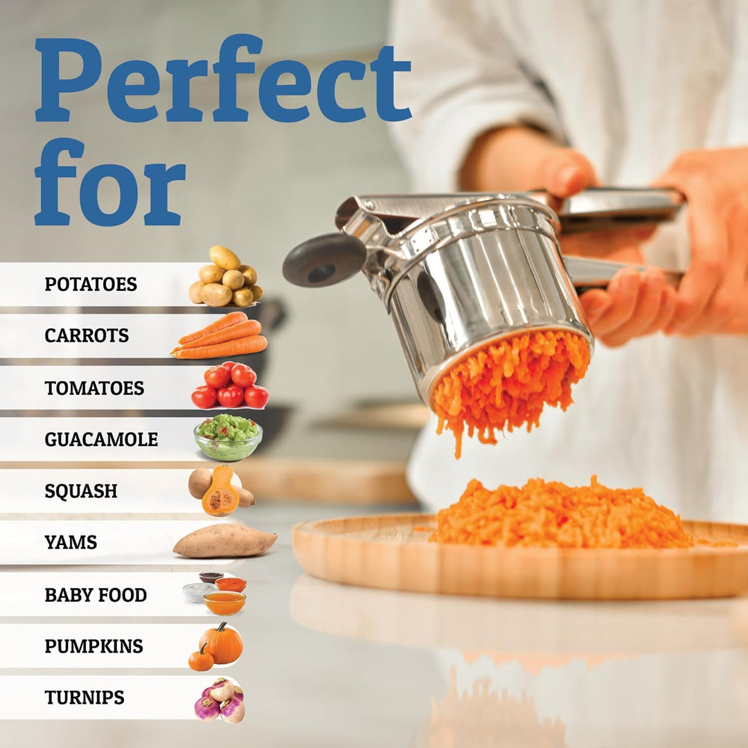 Stainless steel potato masher for quick & smooth purees. Perfect for mashing potatoes, fruits, and soft vegetables.