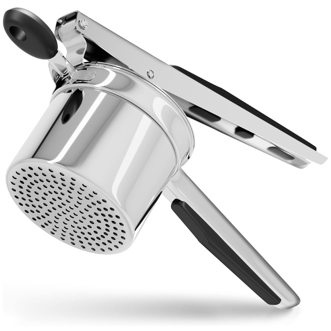 Heavy-duty stainless steel potato masher for smooth purees. Perfect kitchen tool for vegetables & fruits.