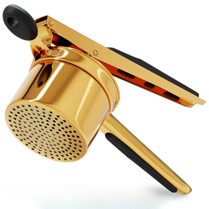 Versatile stainless steel masher for potatoes, vegetables, fruits, and baby food prep. Heavy-duty design.