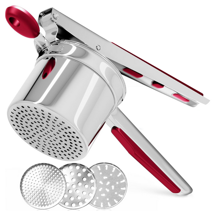 Durable stainless steel potato masher, ideal for creating perfect, lump-free purees. Essential kitchen tool.