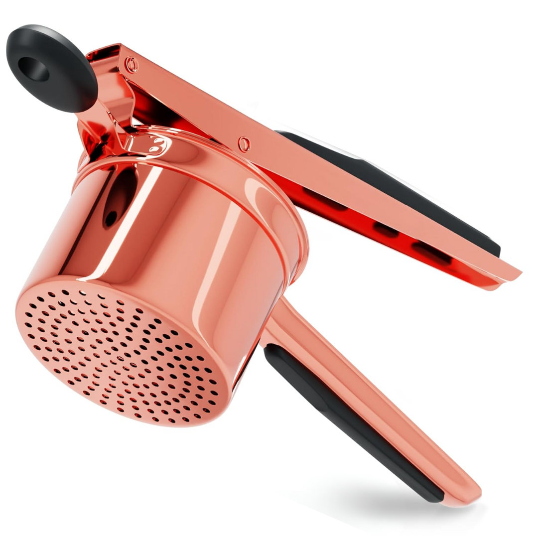 Ergonomic potato masher creates creamy, smooth vegetable & fruit purees. High-quality stainless steel for cooking.