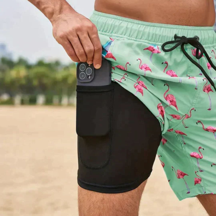 Trendy men's patterned swim shorts, perfect for poolside style, beach, or vacation essentials.