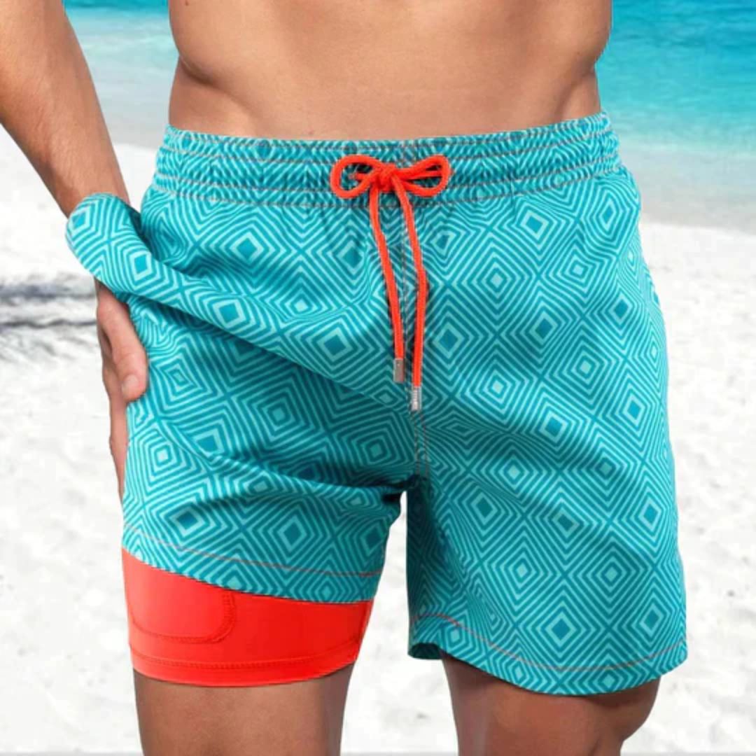 Versatile men's patterned swim shorts. Quick-dry beachwear, ideal for summer apparel & vacation fun.