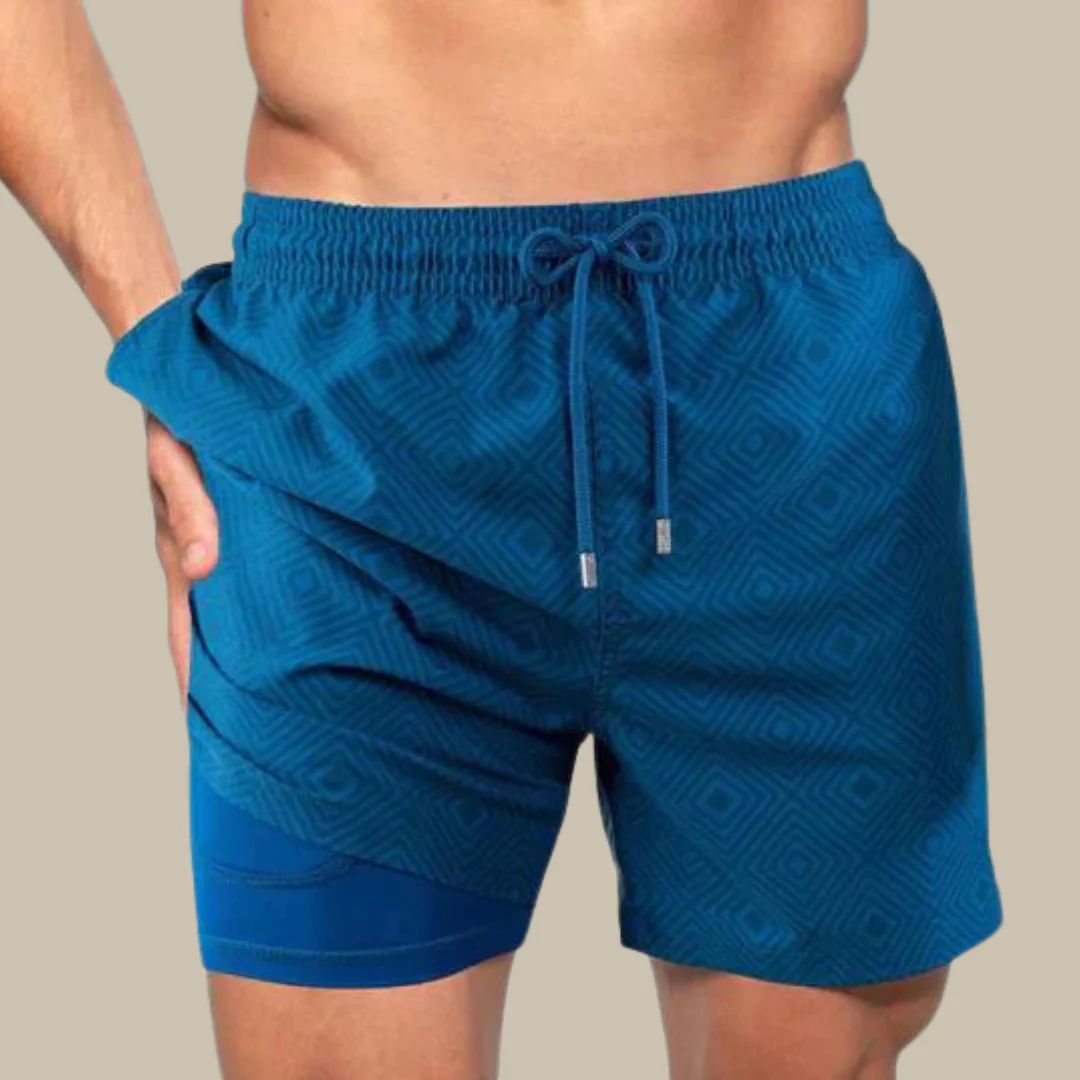 Modern men's patterned swim shorts. Casual, stylish, and quick-dry for poolside, beach, & summer fashion.