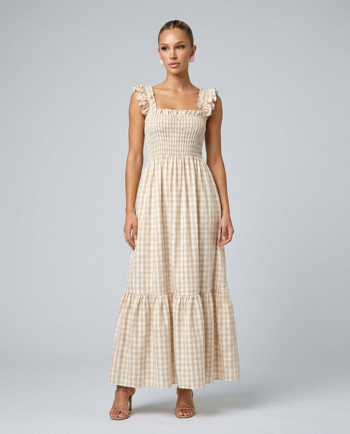 Full view women's chic ruffle strap gingham maxi dress. Breezy tiered skirt & smocked bodice for summer.