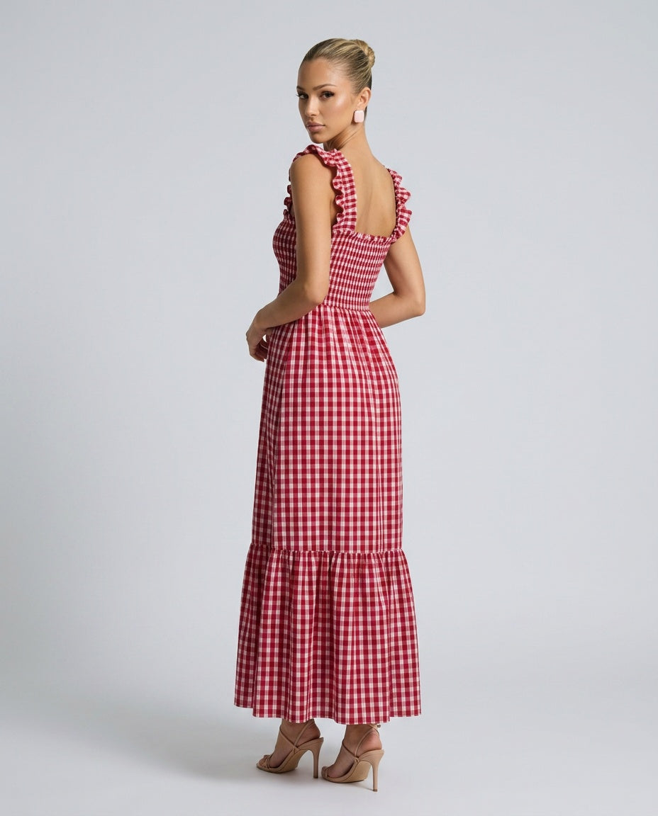 Flattering women's casual summer dress: tiered gingham maxi with smocked bodice & feminine ruffle straps.