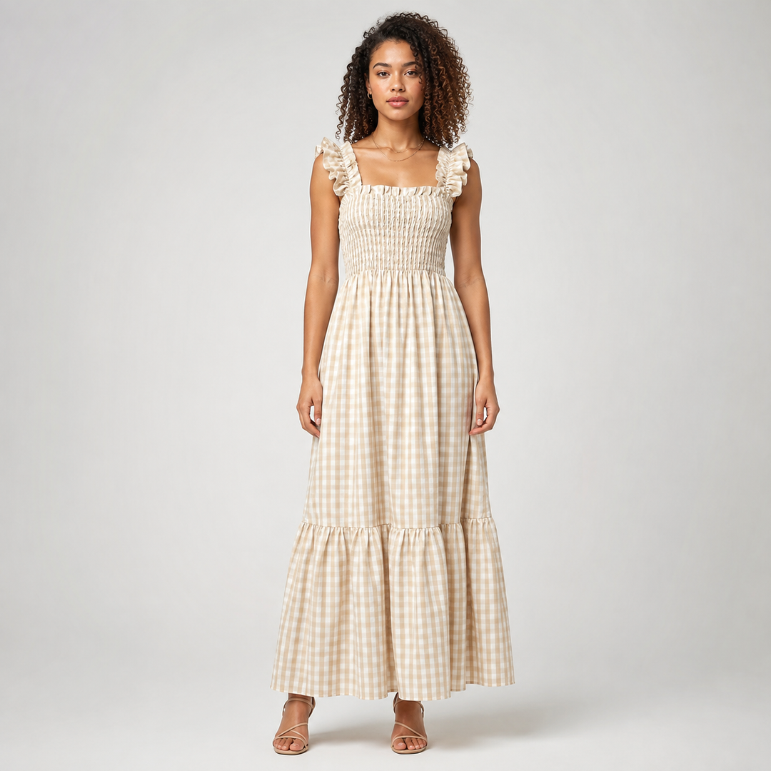 Women's breezy summer maxi dress: black and white gingham pattern with elegant ruffle straps & tiered skirt.