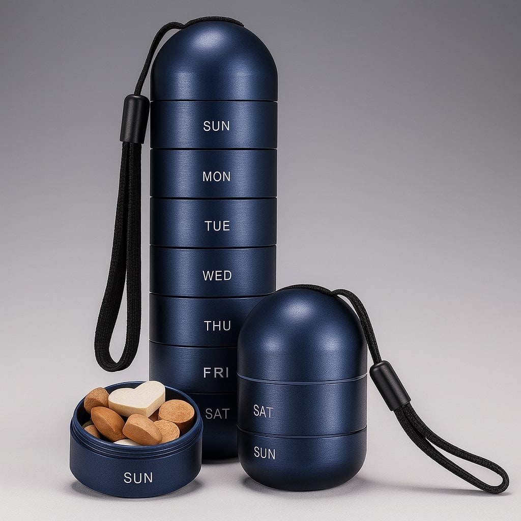 Compact aluminum weekly pill organizer with 7 compartments for daily medications & vitamins, great for travel.