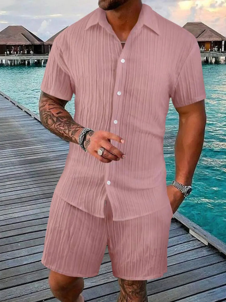 Effortless men's summer casual set: short sleeve shirt & matching shorts for easy beach or vacation style.