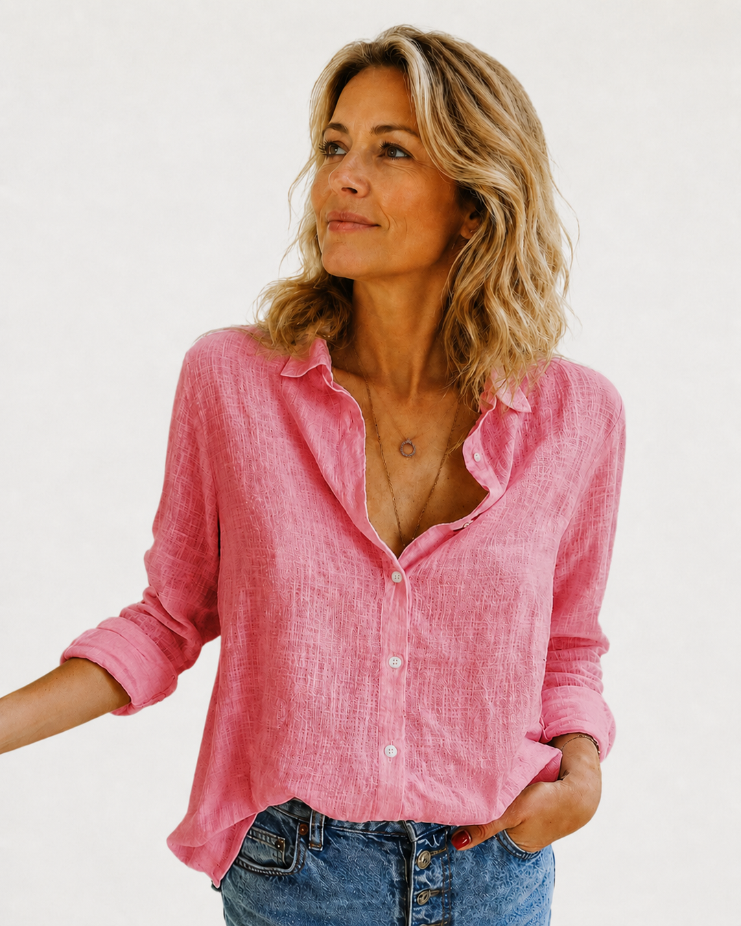 Modern women's long sleeve button-down blouse, a versatile collared top for contemporary everyday and office fashion.