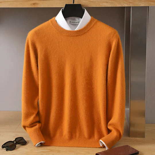 Timeless menswear: o-neck knit sweater, a classic long-sleeve pullover for winter comfort.