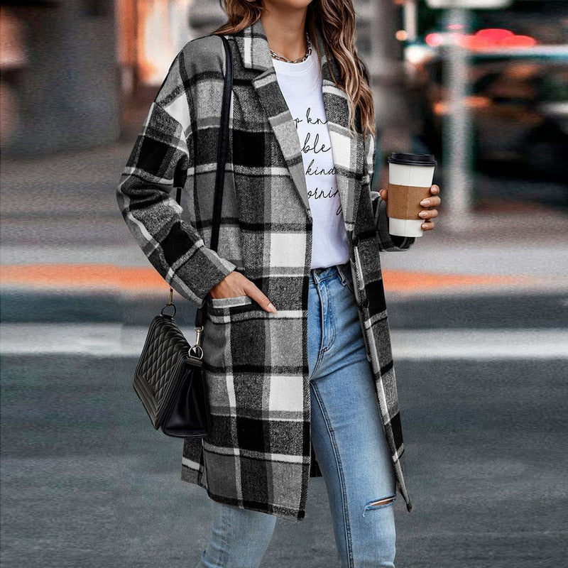 Stylish women's plaid outerwear, perfect casual jacket for any occasion. A fall fashion essential.