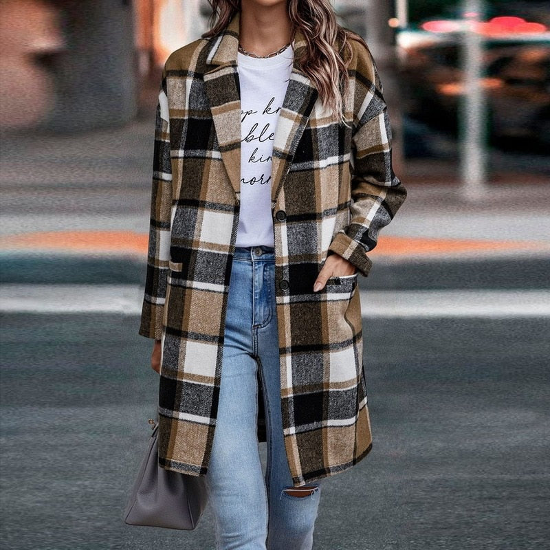 Classic plaid women's overshirt jacket, ideal fall fashion outerwear. Cozy & stylish for everyday casual wear.