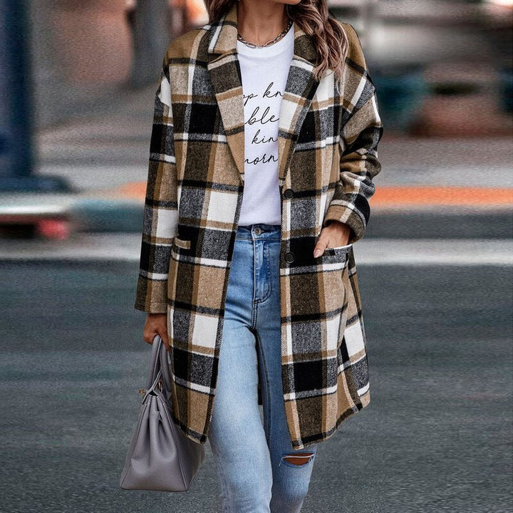 Comfortable women's plaid jacket, a versatile long-sleeve layering piece for chilly fall & winter days.