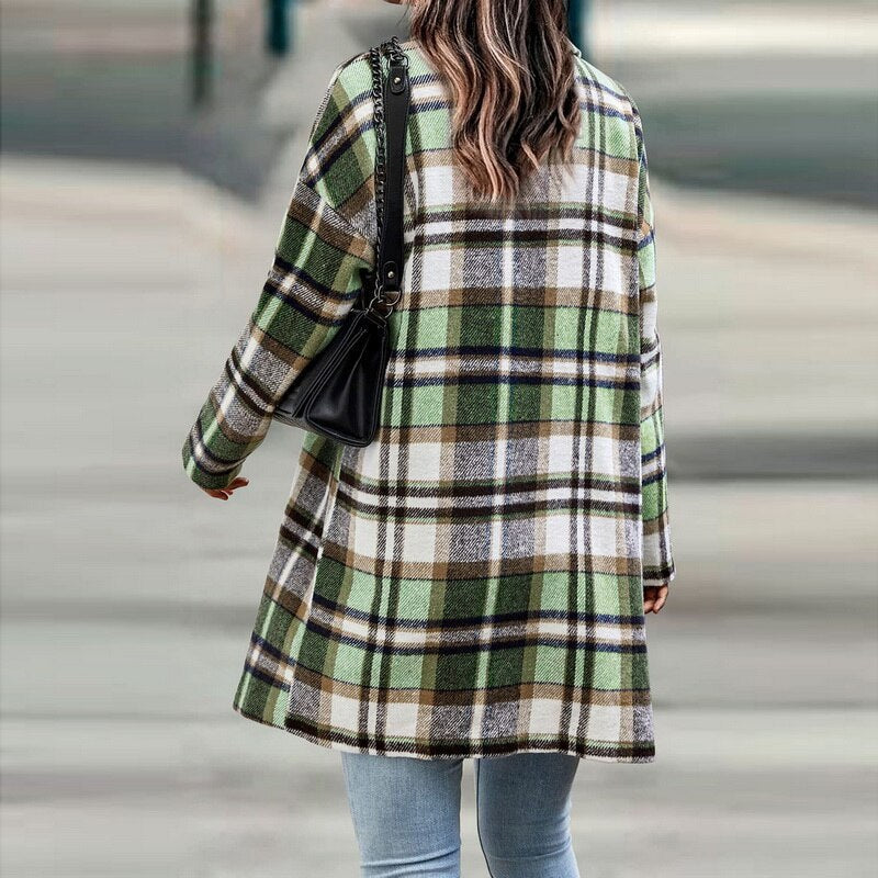 Versatile women's plaid overshirt, a chic and comfortable layering jacket for fall fashion & winter warmth.