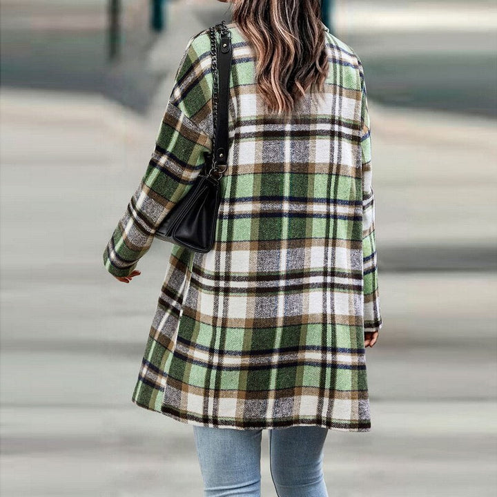 Versatile women's plaid overshirt, a chic and comfortable layering jacket for fall fashion & winter warmth.