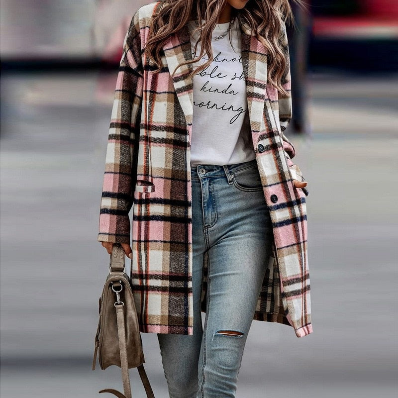 Long-sleeve women's plaid jacket with classic pattern, a comfortable overshirt for fall & winter layering.