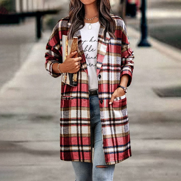 Women's stylish plaid jacket, perfect for casual fall & winter layering. Comfortable long-sleeve overshirt outerwear.