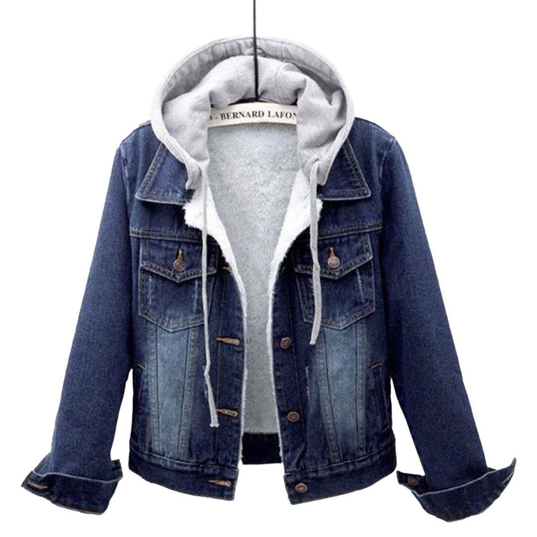 Stylish women's plus size hooded denim jacket, versatile for spring & fall, comfortable casual layering.
