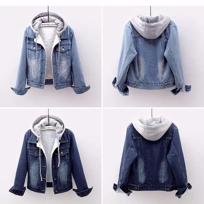 Curvy women's hooded denim jacket, stylish plus size outerwear, comfortable and versatile for casual wear.