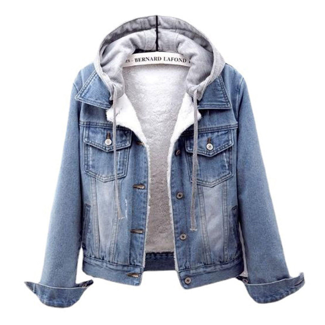 Women's plus size hooded denim jacket, stylish & comfortable for curvy fashion, perfect casual outerwear.