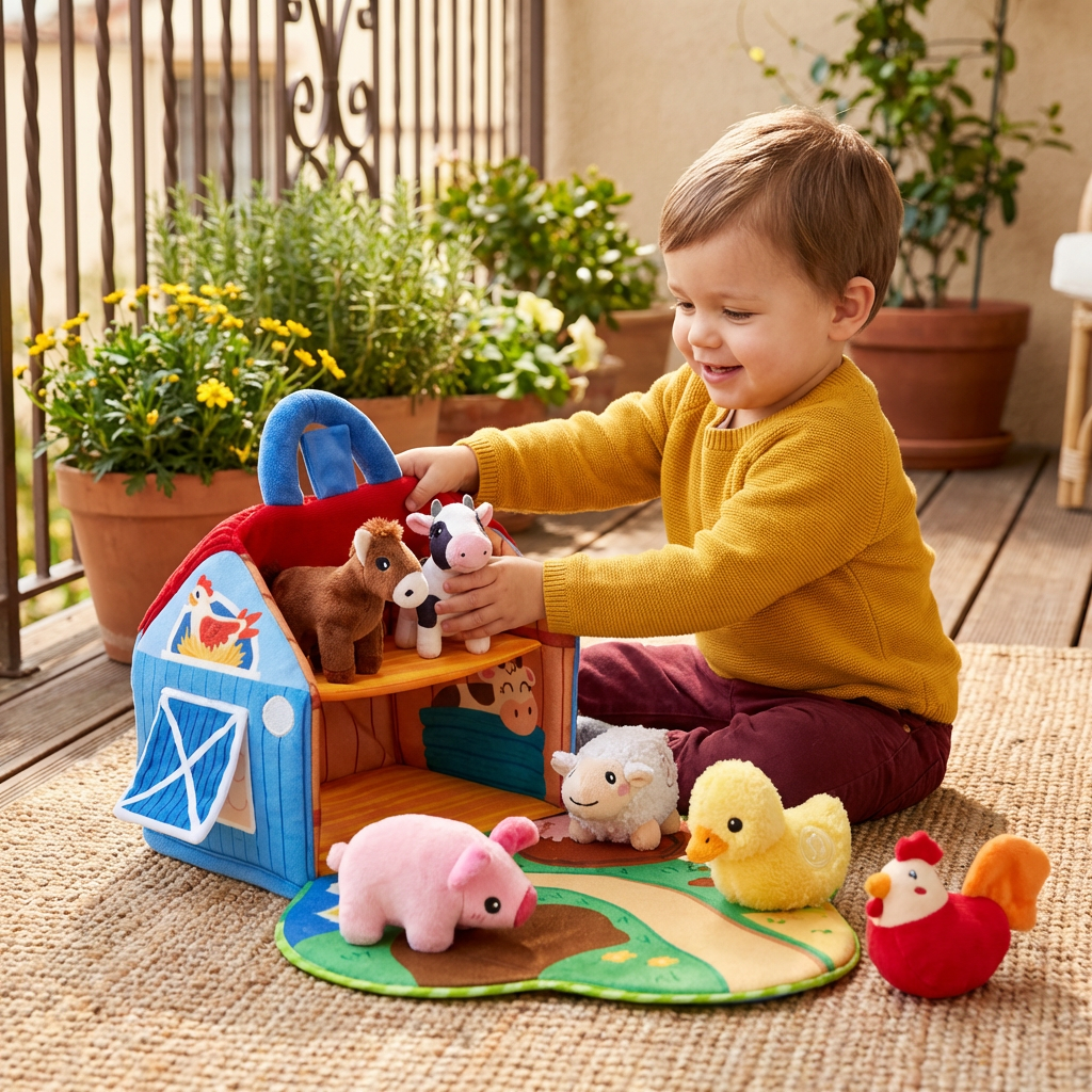 Colorful plush farm animal playset for toddlers, featuring soft educational toys for interactive learning fun.