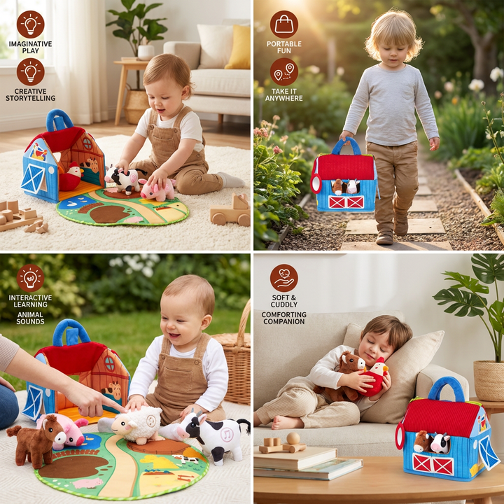 Interactive plush farm playset for kids, fostering early learning & cognitive skills with cuddly animal figures.