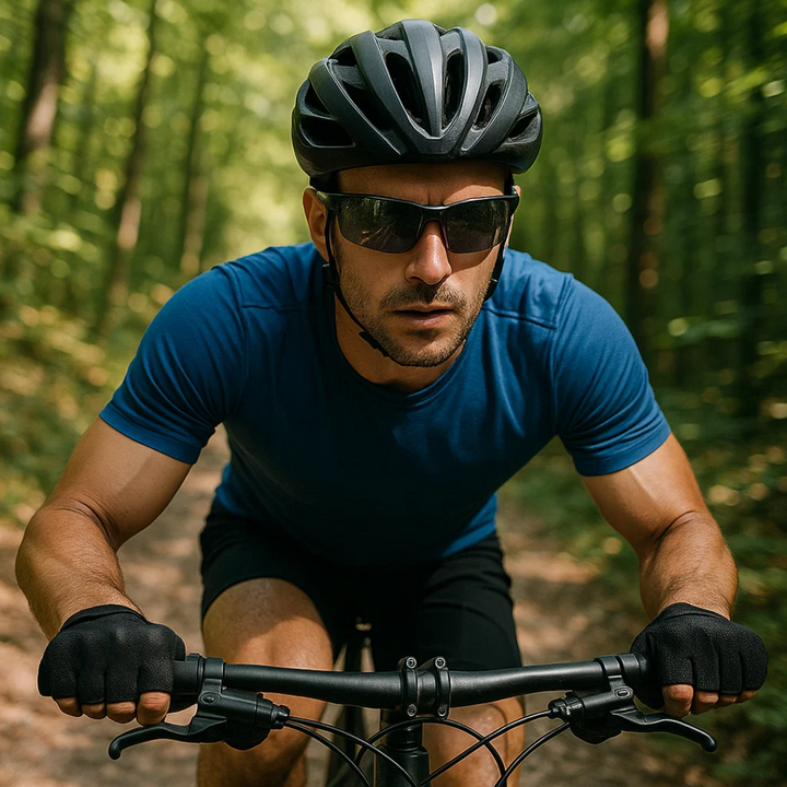 Sleek black frame unisex polarized photochromic sunglasses for men & women, enhancing outdoor vision.