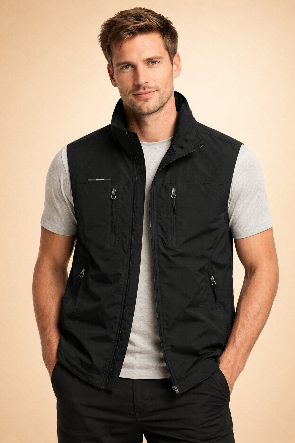 Warm men's bodywarmer utility vest with multiple secure zip pockets, ideal for layering during outdoor activities.
