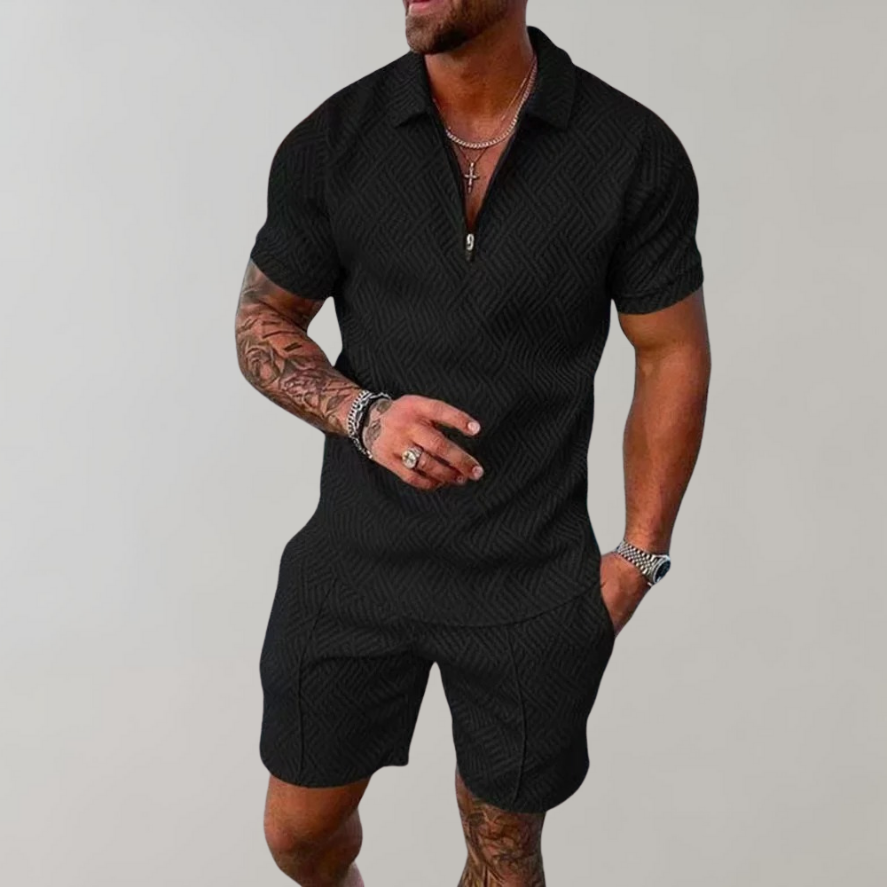 Stylish men's polo & shorts summer outfit set. Rafael two-piece casual leisure wear for warm weather.