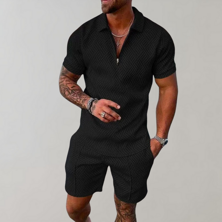 Stylish men's polo & shorts summer outfit set. Rafael two-piece casual leisure wear for warm weather.